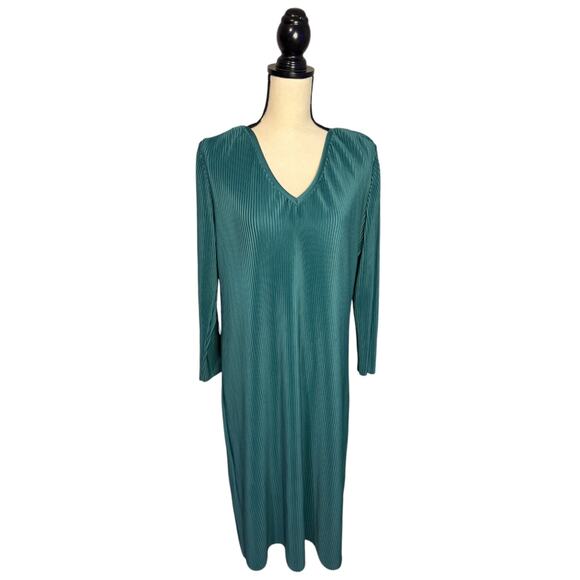 Vintage Perceptions Pleated V Neck Long Sleeve Shift Dress Women's Size XL Green - Picture 2 of 7